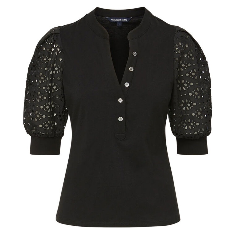 Veronica Beard Black Coralee Eyelet Puff Sleeve Top Size L
